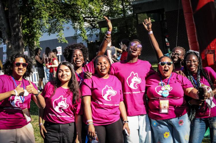 Students smiling in group photo at Welcome Weeks