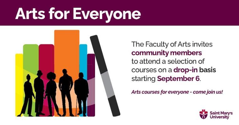 A graphic to help promote the new Arts For Everyone initiative in the Faculty of Arts, launching in September 2024. An illustration shows the silhouettes of five people, standing against some colourful books.