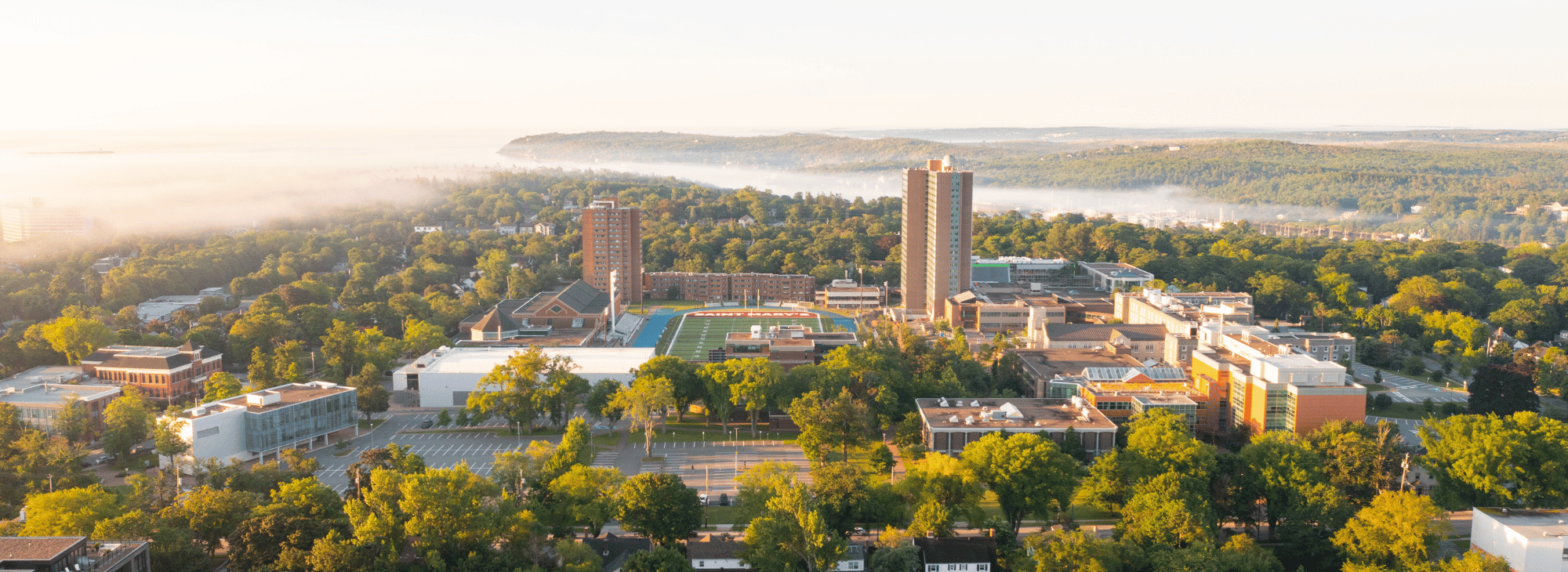 An aerial view of campus looking south toward point pleasant park